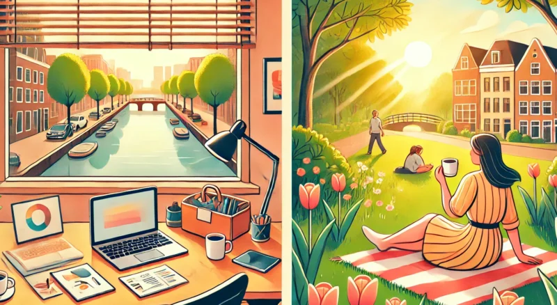 DALL·E 2024-11-28 13.46.24 - A warm and inviting illustration titled 'The Netherlands Is for You If You Value Work-Life Balance', depicting a serene work-life scene. On one side,