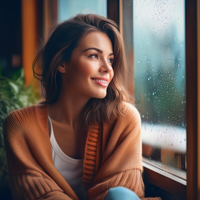 rainy day, person sit at home in sweater, positive image_